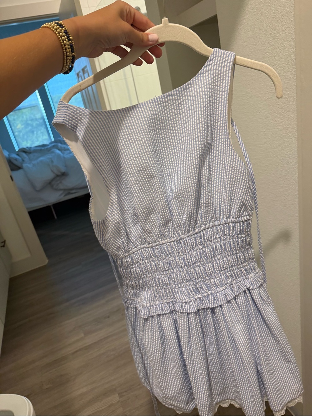 Smocked Waist Light Blue Mini Dress with Ruffle Hem